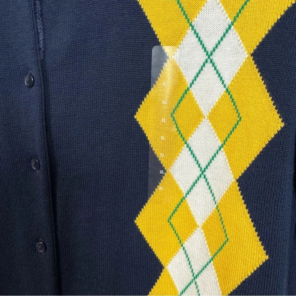 Gap NWOT Navy Button Down Caridigan Yellow Green Argyle Diamond Y2K Preppy Sz XL - Picture 4 of 12